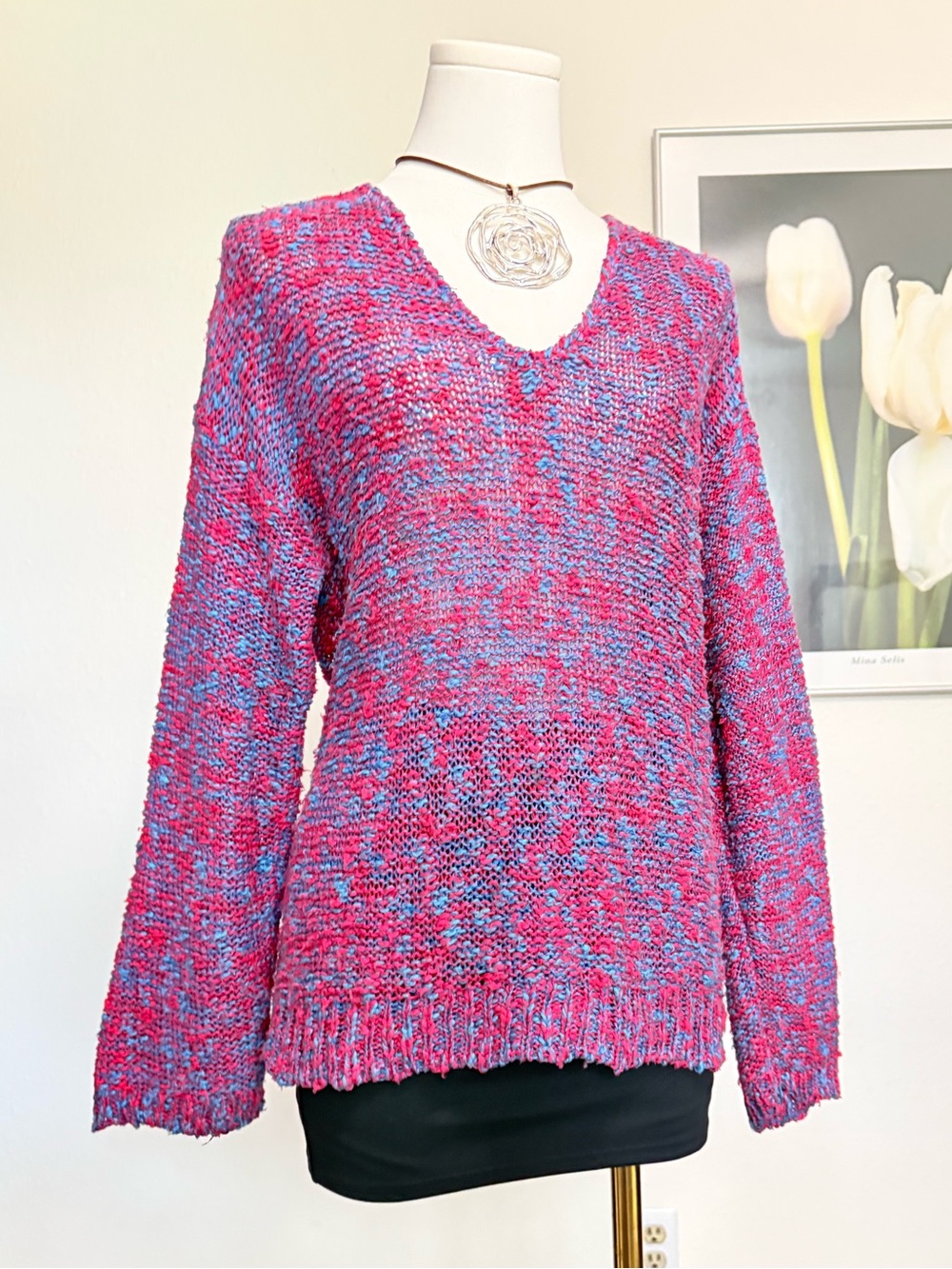 Vintage Jade Cotton Linen Confetti Knit V Neck Sweater 80s 90s Retro